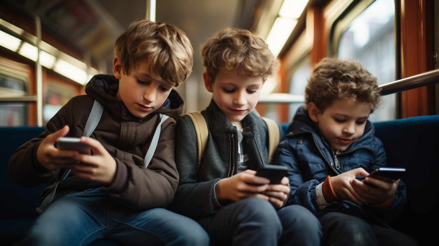 Young boys on train seat with cellphone