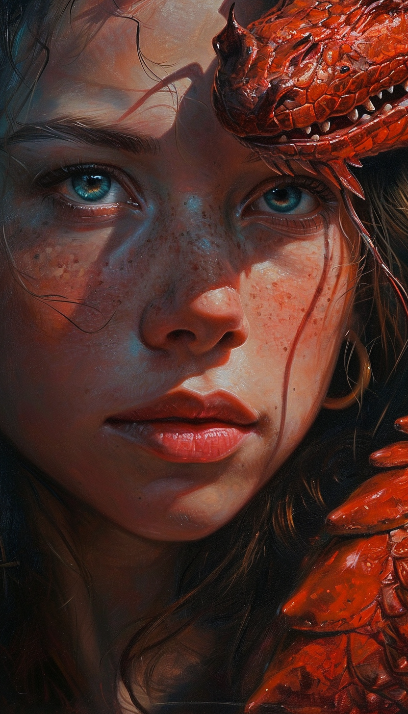 Close-up portrait of expressive woman and red dragon