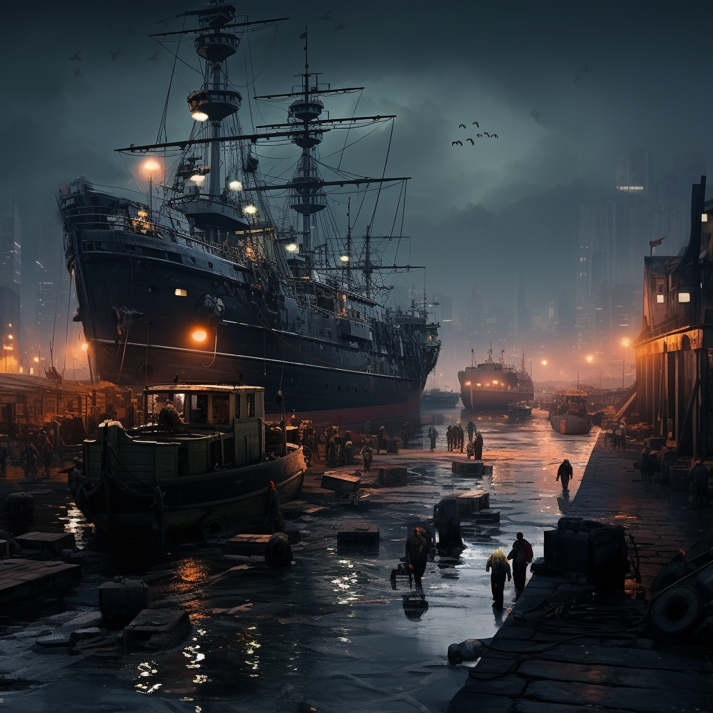 Boats in futuristic Brest Bretagne cyberpunk port
