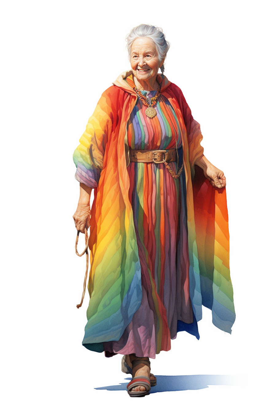 Ancient Bretonnian Senior Woman with Rainbow Clothes