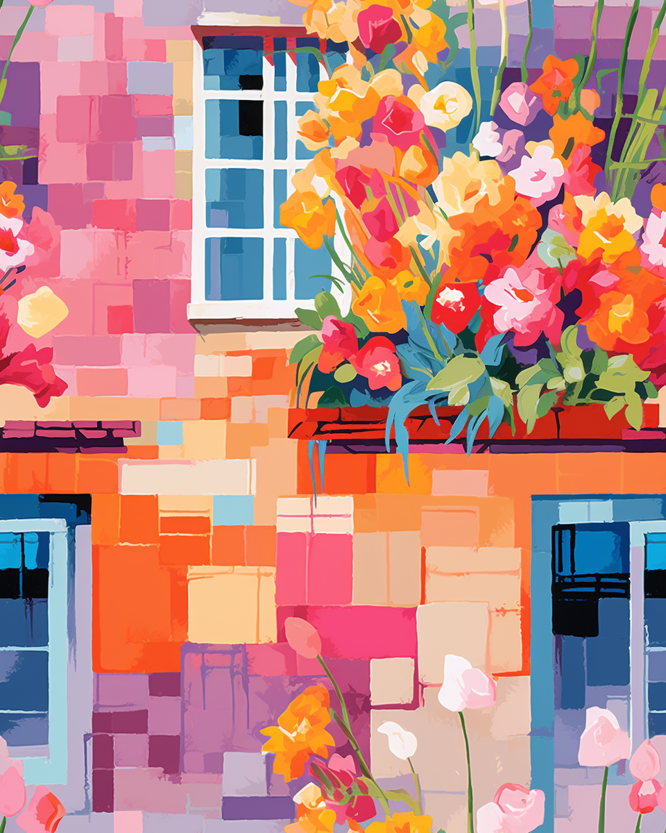 Brick house with colorful flowers