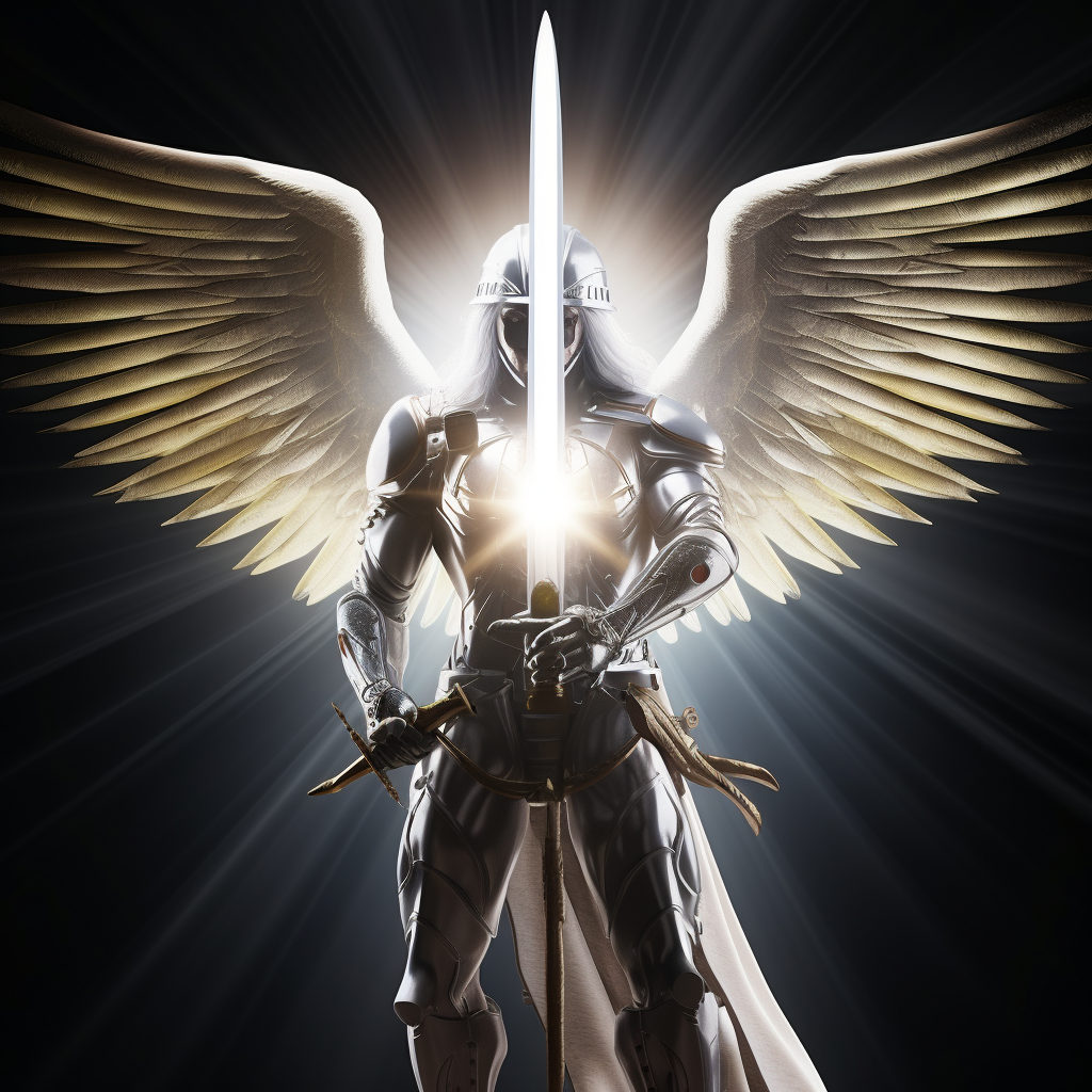 Bright angel with sword ready to fight enemies