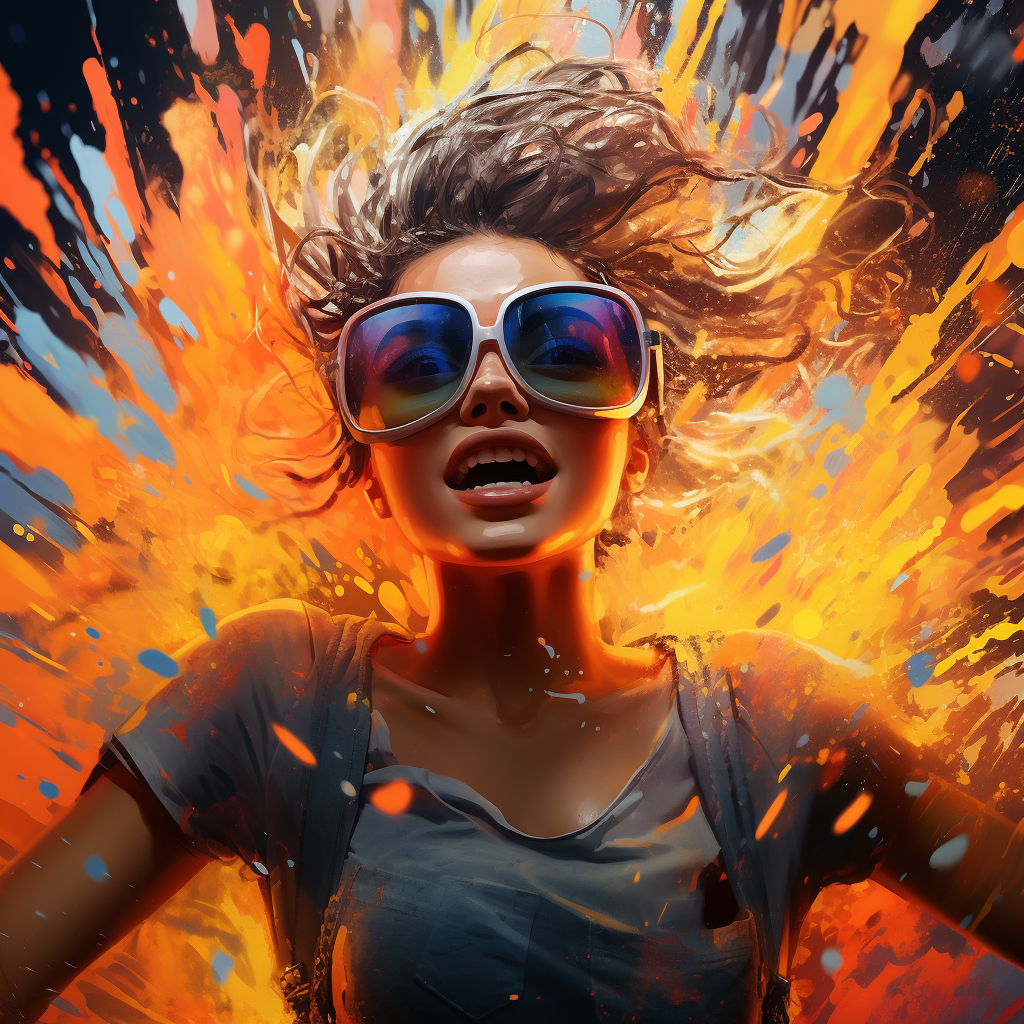 A girl with aviator glasses surrounded by colorful paint splashes