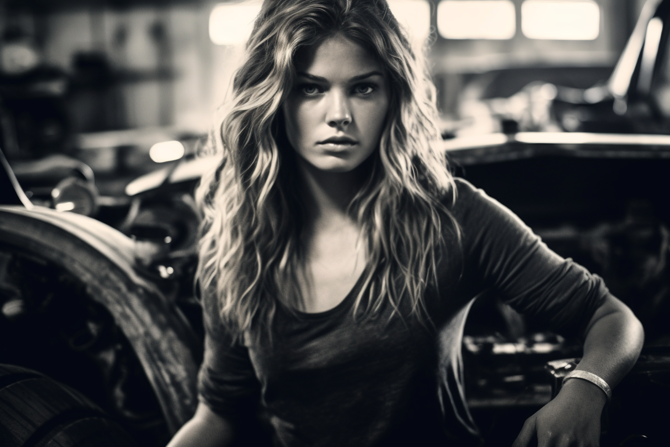 Brigitte Bardot in Modern Car Workshop