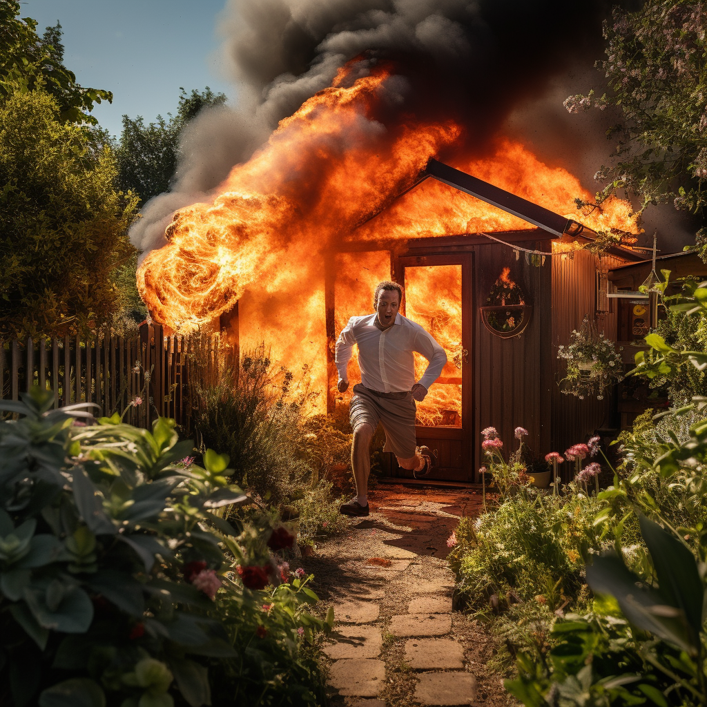 Man running towards blazing garden shed fire