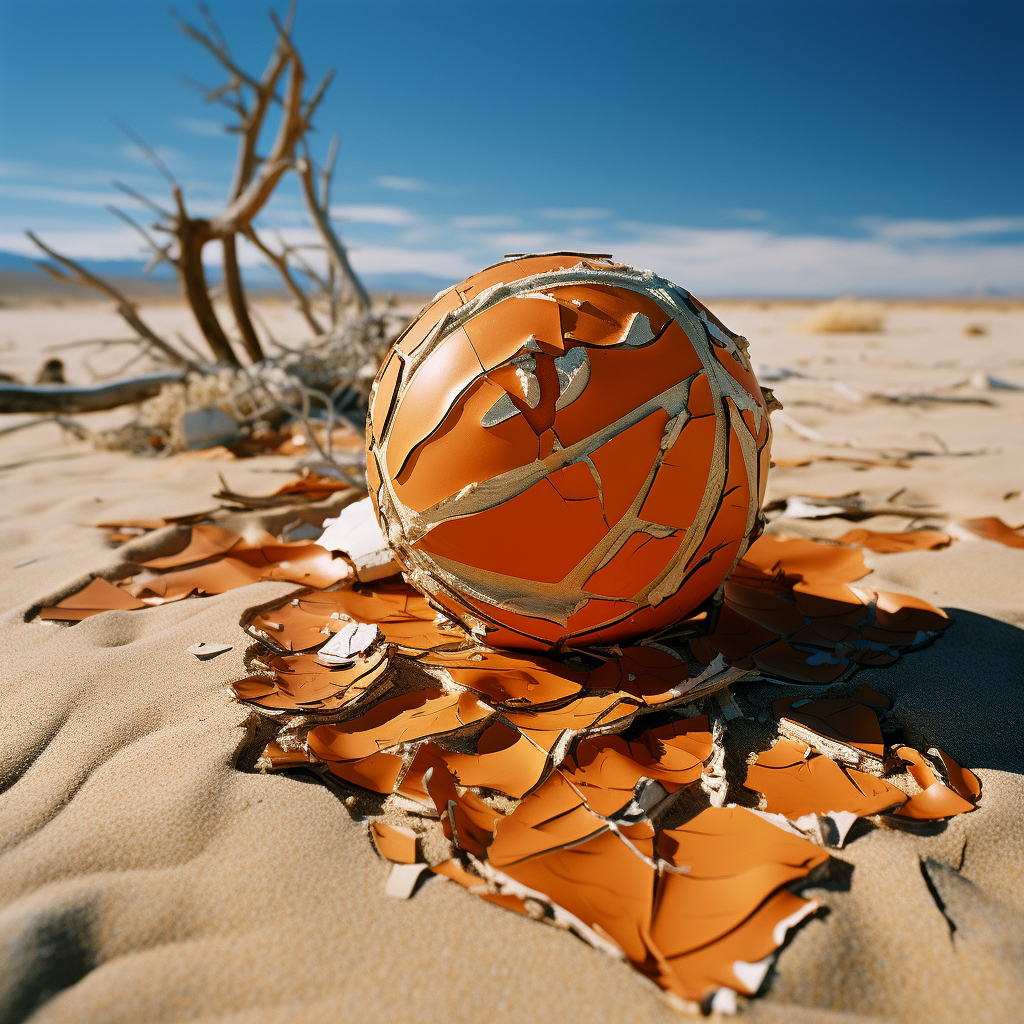 A broken basketball in the desert