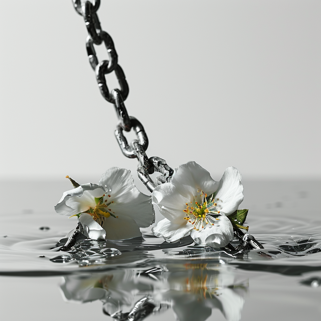 Broken chain with blooming flowers