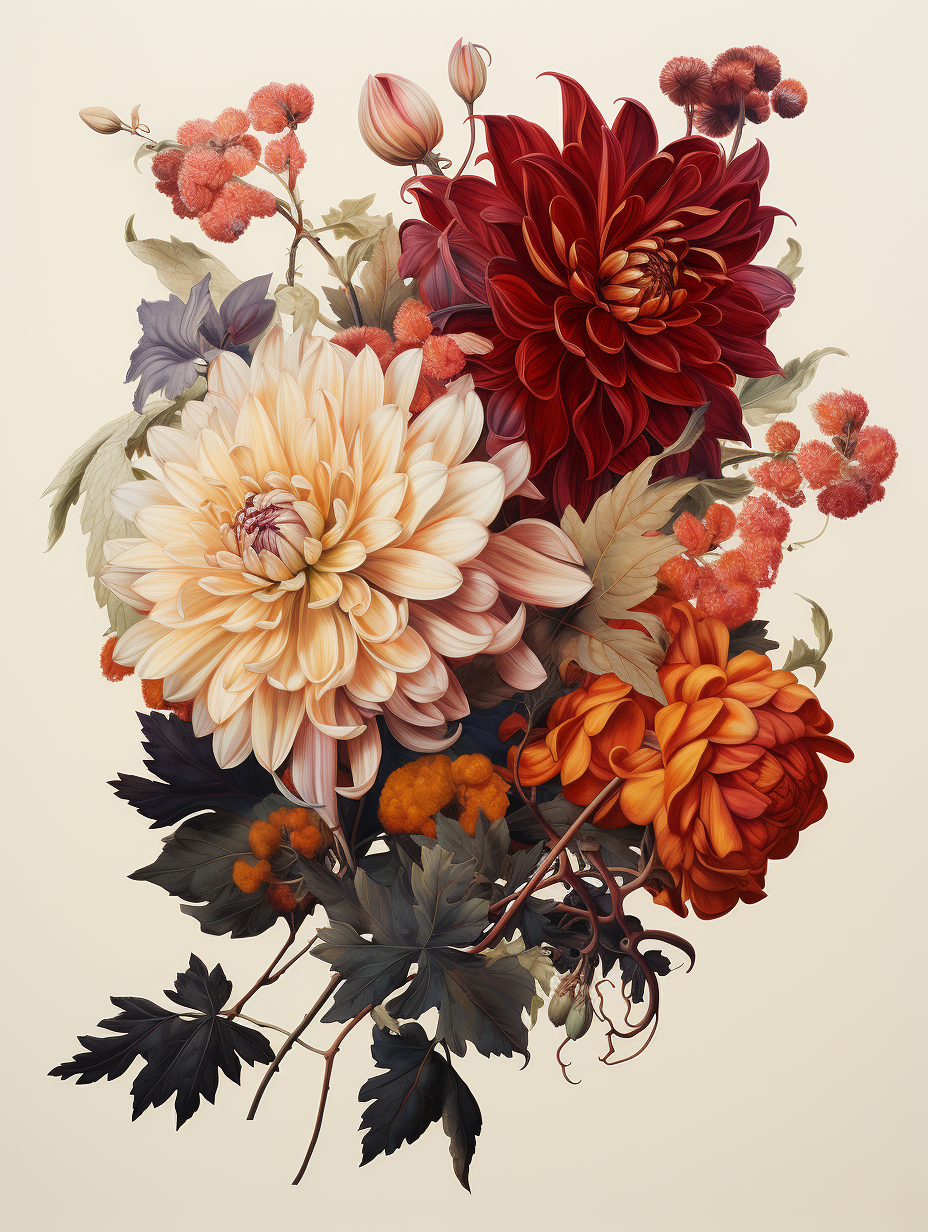 Broken chrysanthemums botanical illustration