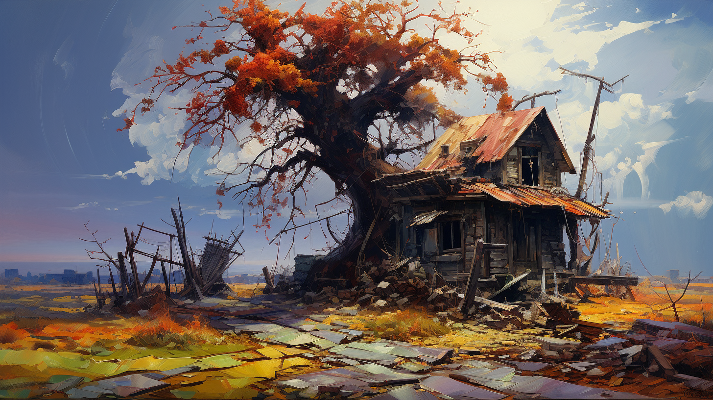 Scenic Broken Tree and Small House