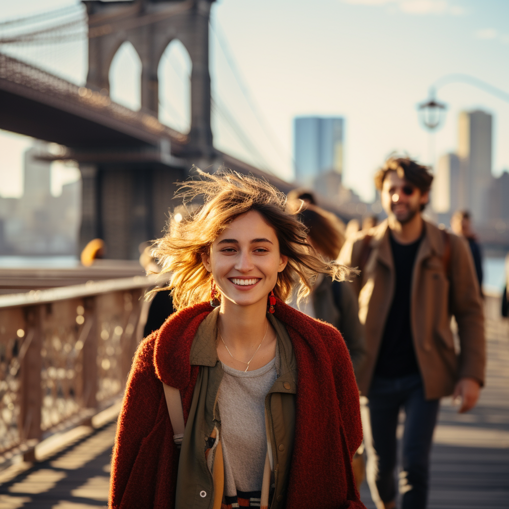 Happy People Walking on Brooklyn Bridge