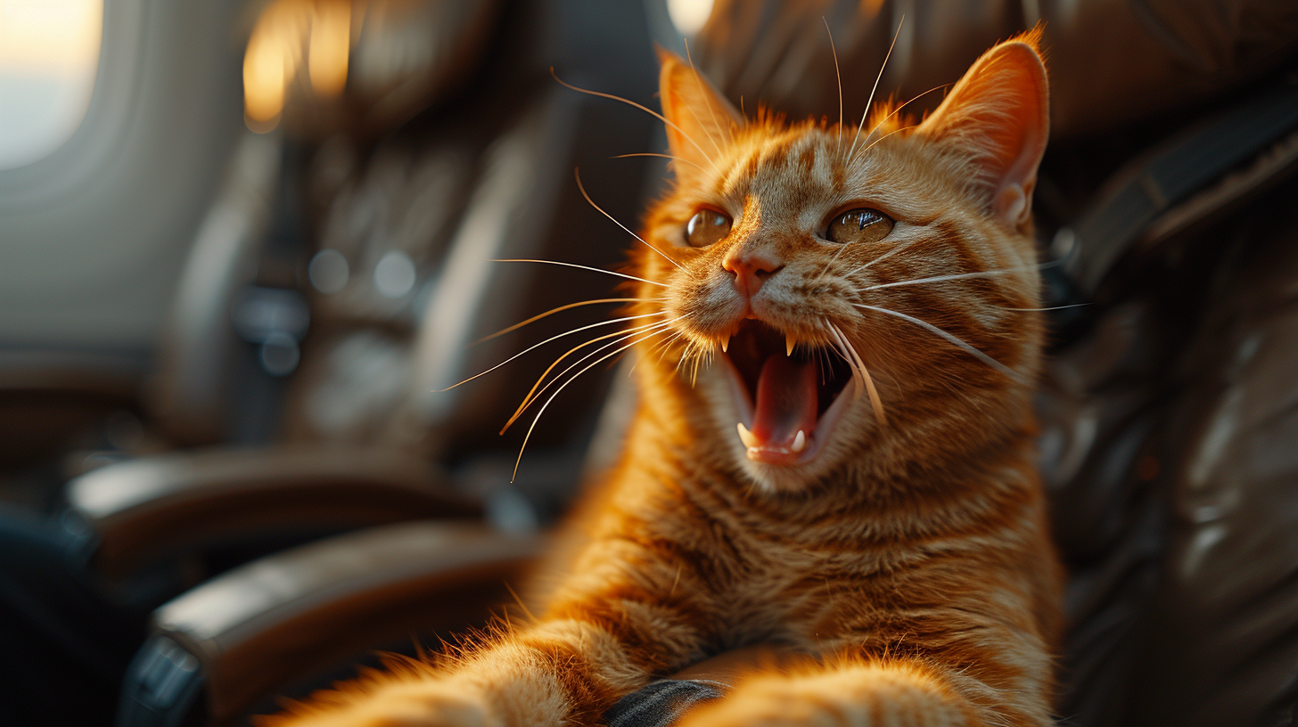 Brown cat panicking on plane seat