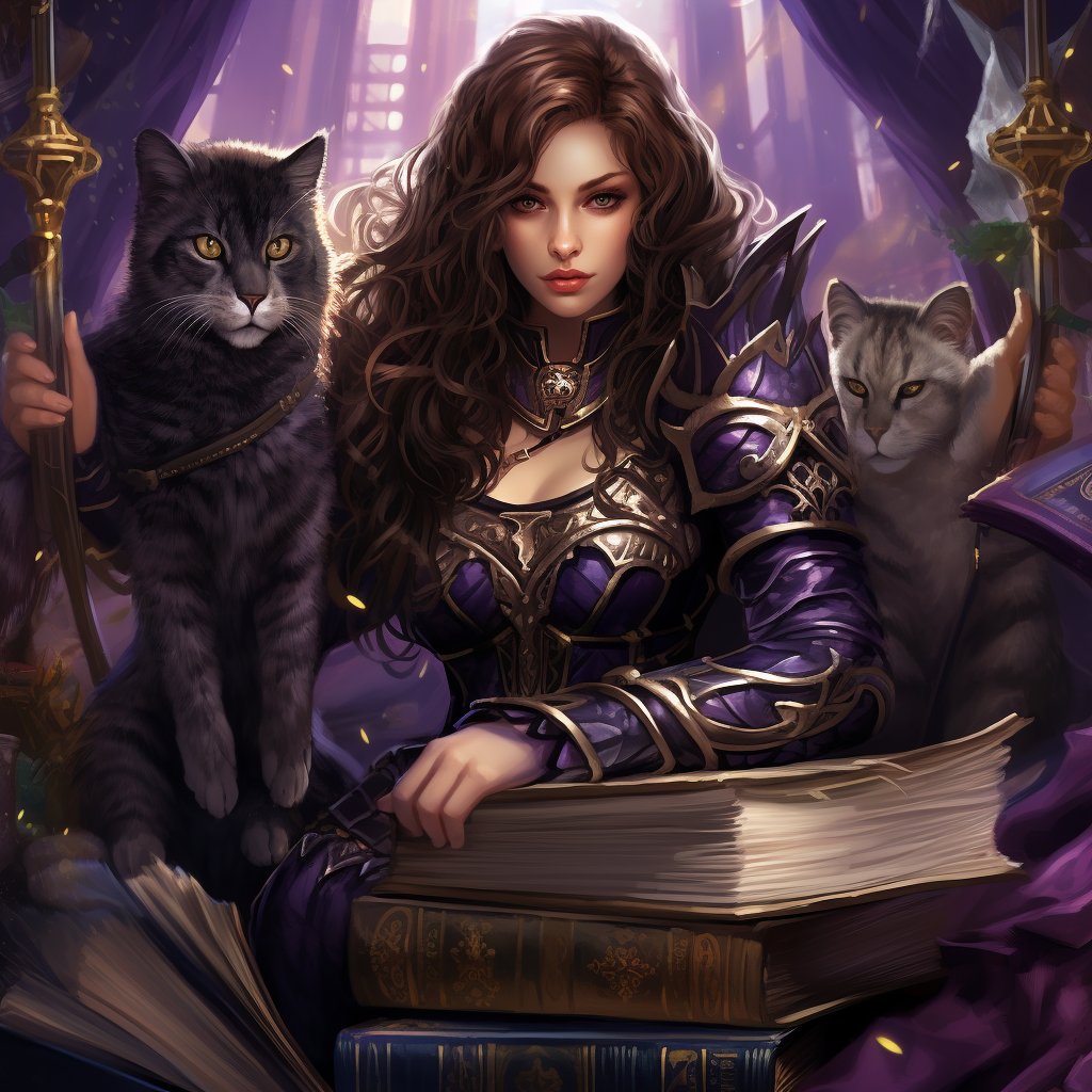 Queen in armor with sword and cat spirit animal