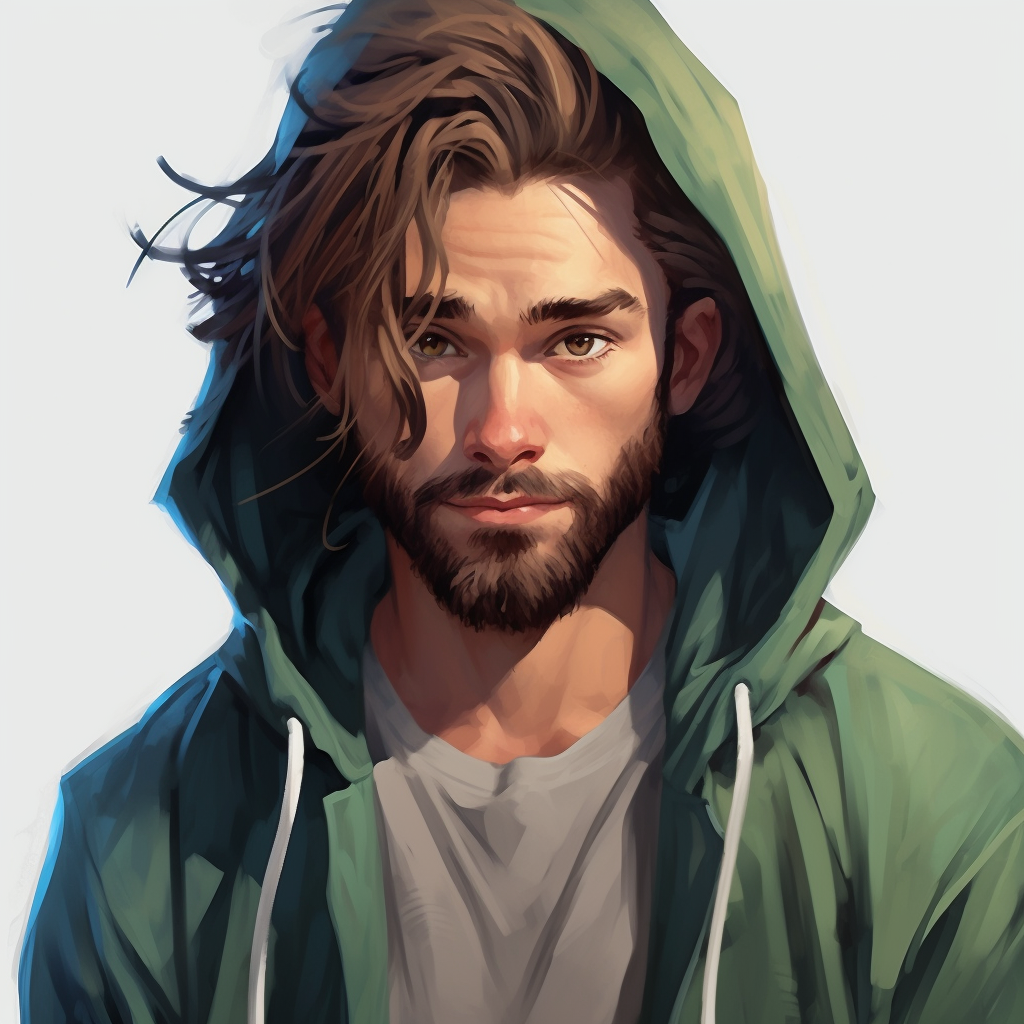 Caucasian male with a brown man bun, medium length beard, and green eyes