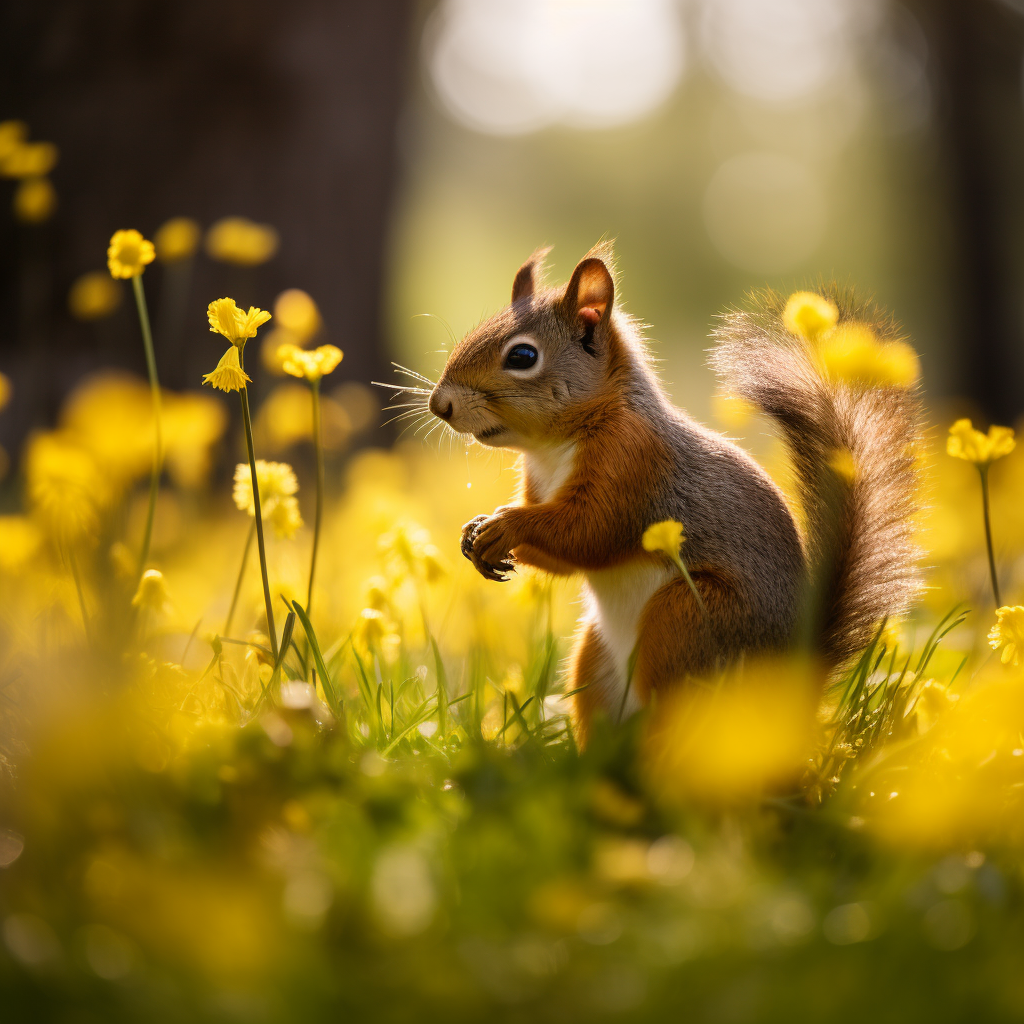 Brown squirrel smelling yellow flower in grass