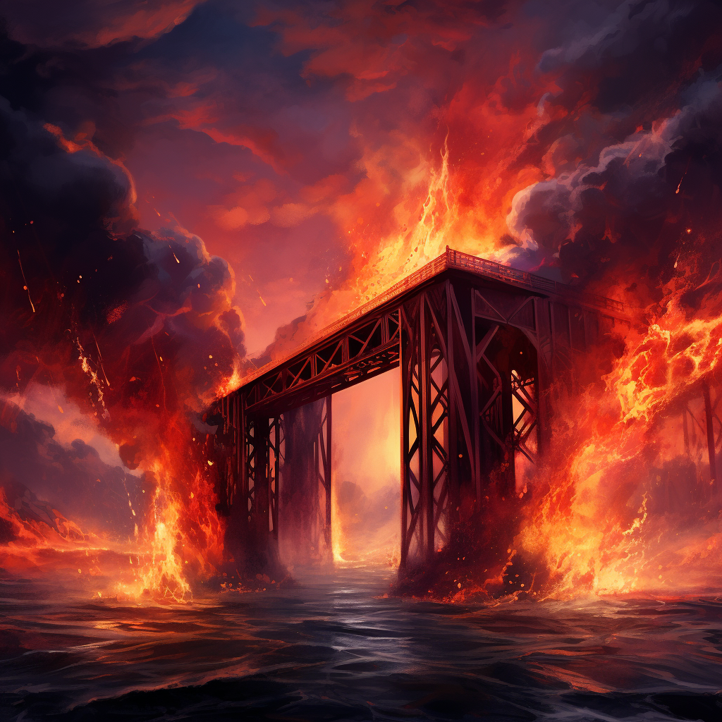 Bright red symbolic bridge on fire