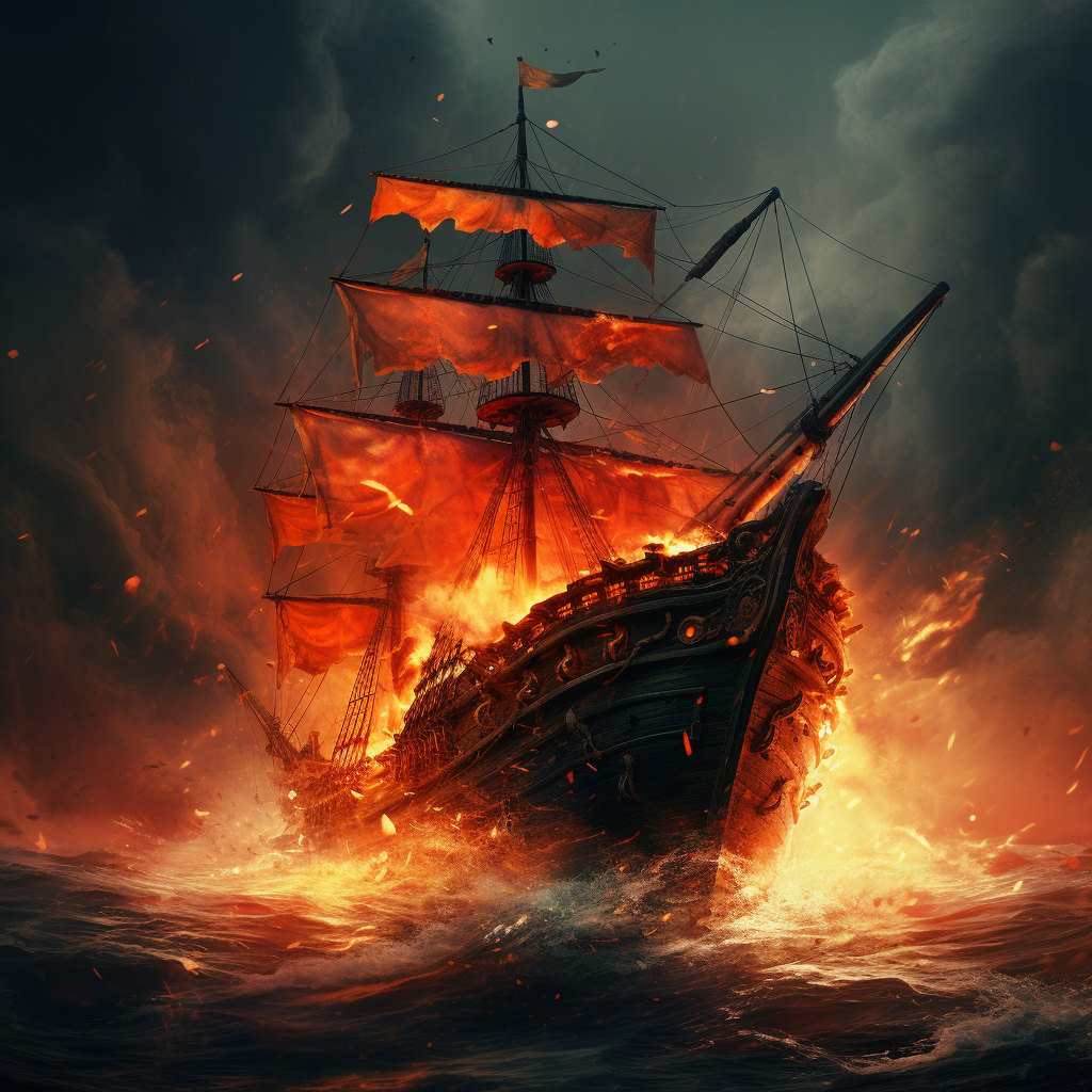 Burning ship with cardinal sail in realistic vintage style