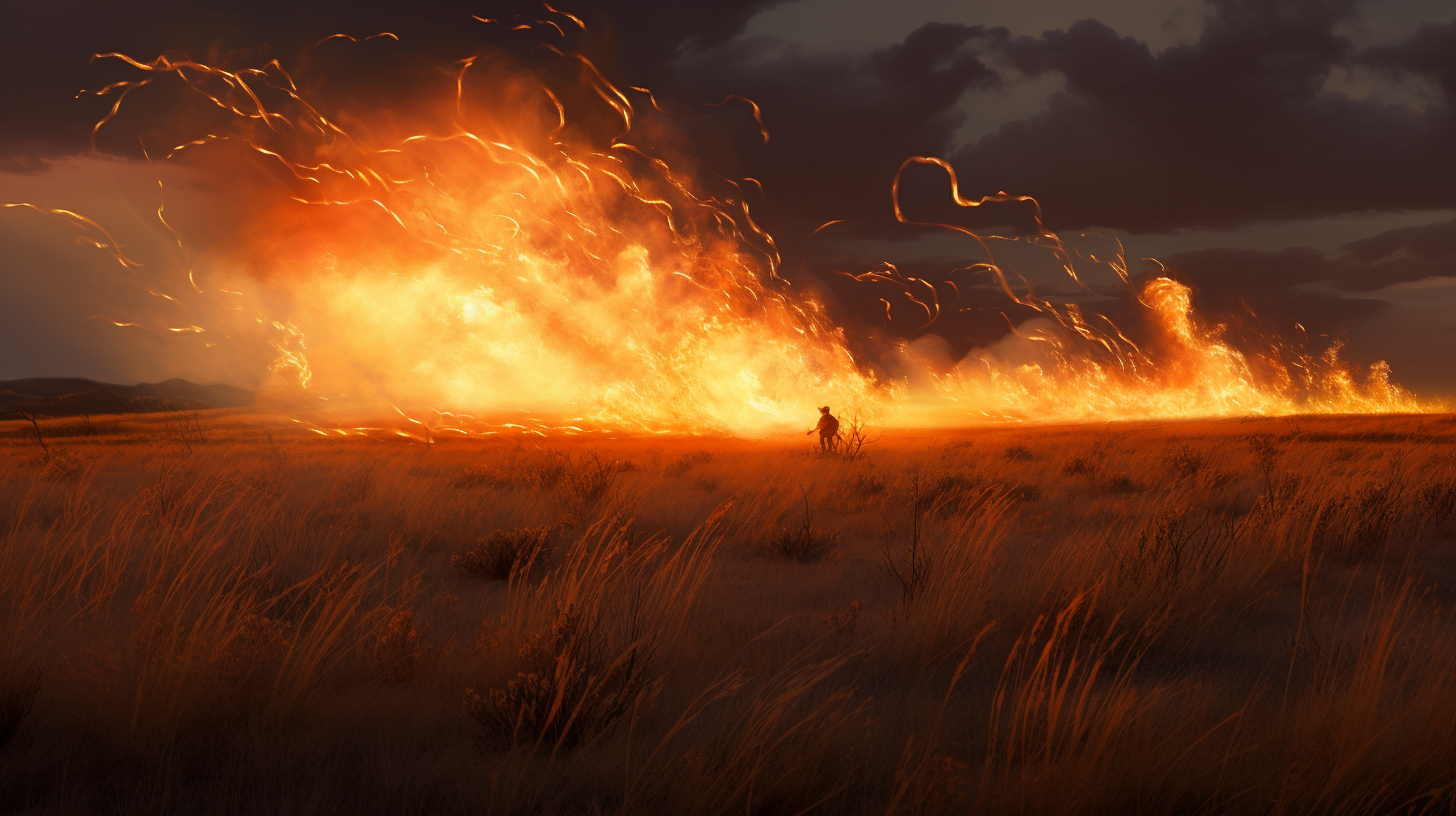 Mesmerizing burning tumbleweeds rolling across the plains