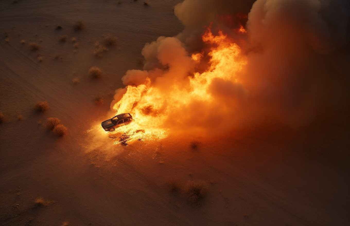 Burning vehicle in desert activism aerial