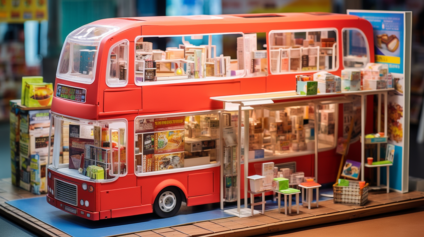 Toys displayed inside bus stand cardboard