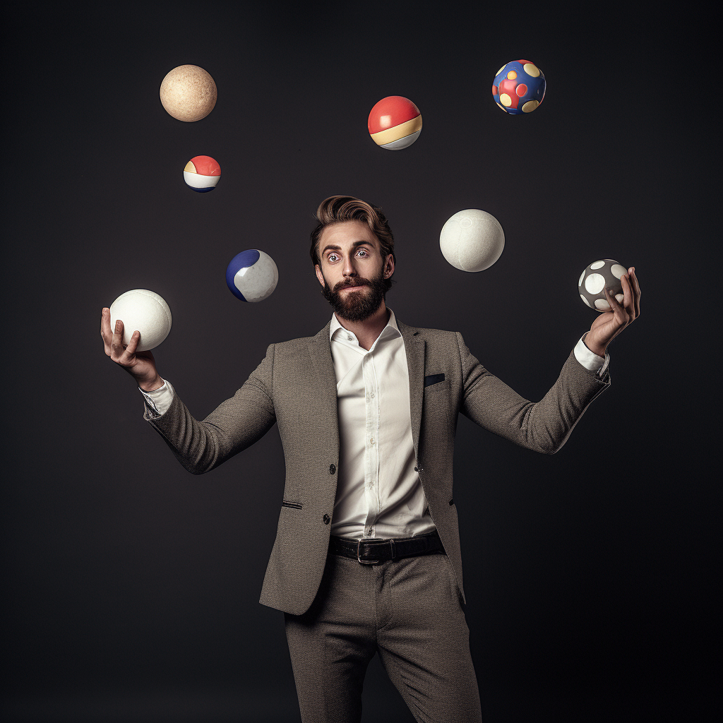 Business person juggling 3 balls on social media platforms