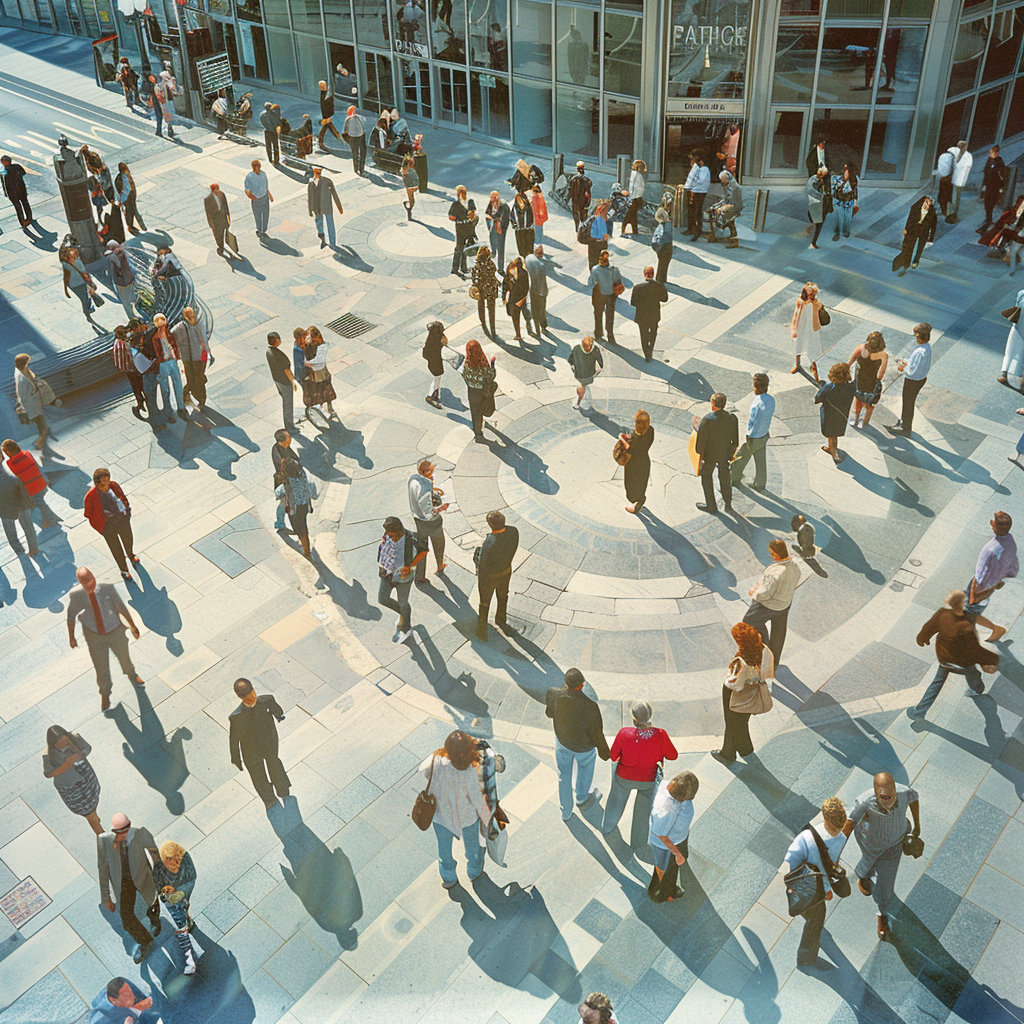 professional people walking sunny plaza