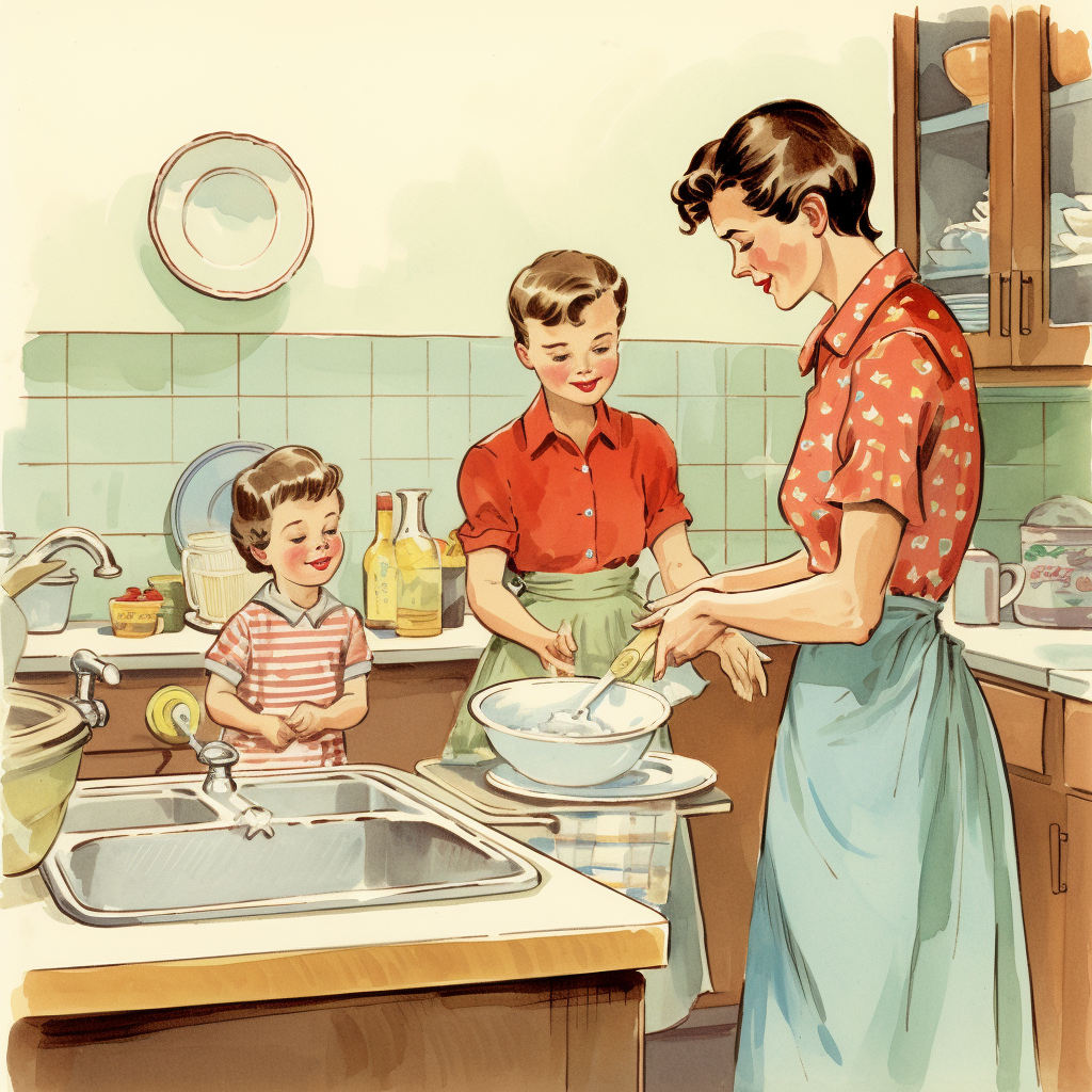 Mother cleaning dishes with biscuits