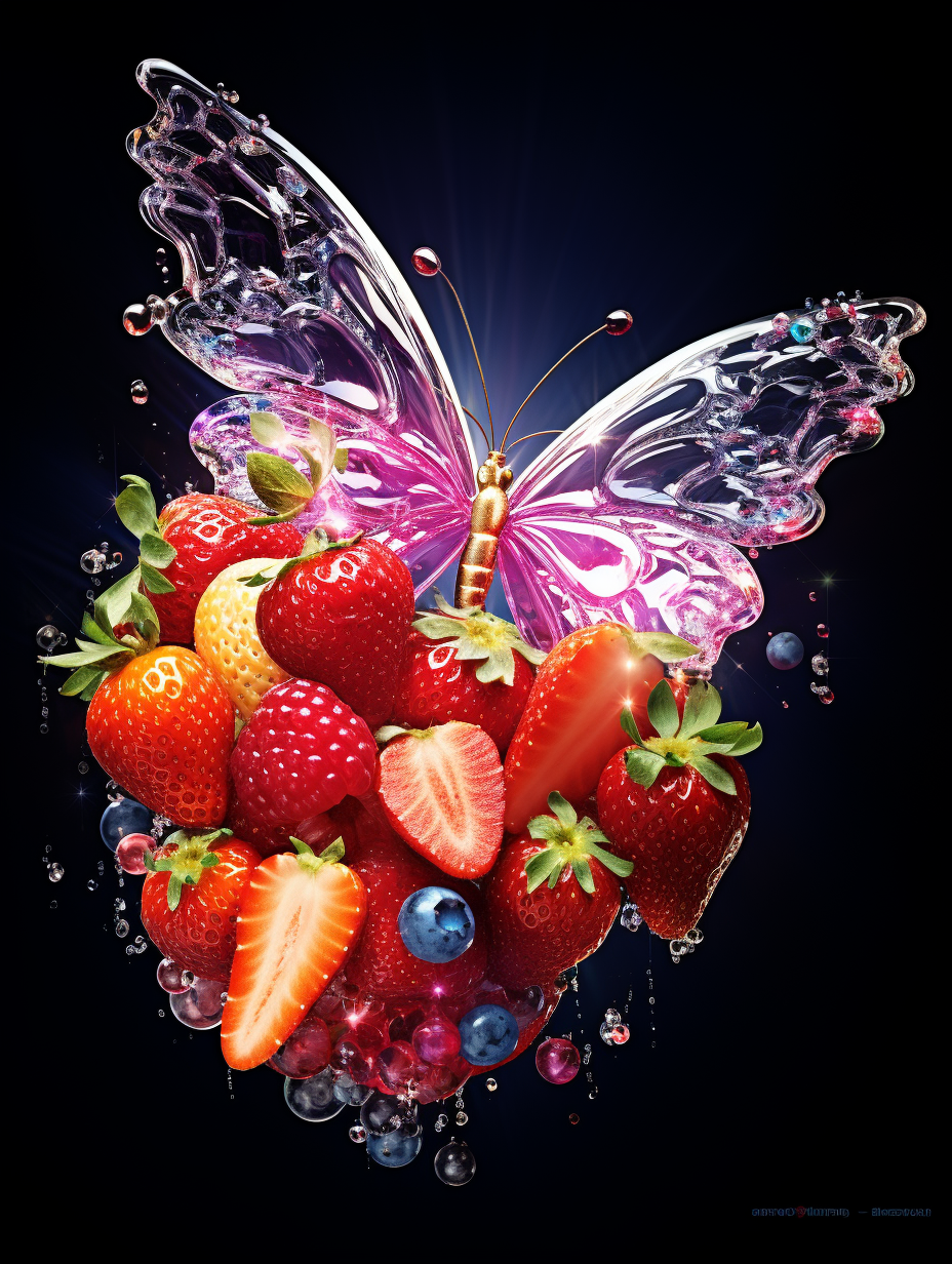 Colorful butterfly wings made from jewelry and fruit.