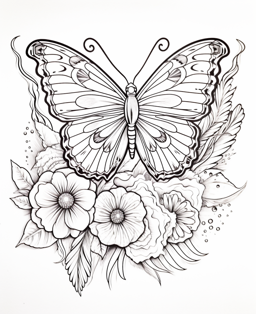 Black and White Butterfly and Flowers Coloring Page
