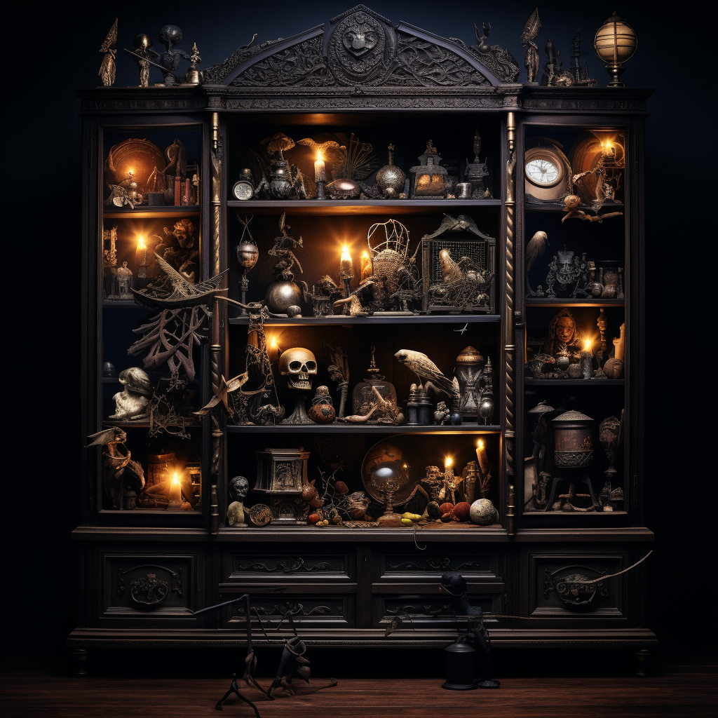 Photorealistic cabinet of curiosities on dark background