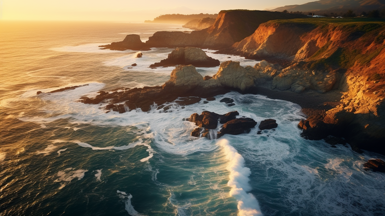 Sunset waves meeting cliffs in California coast