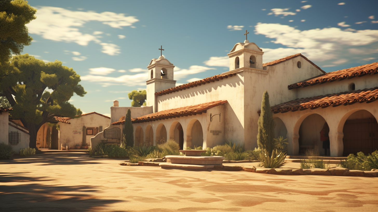 Serene depiction of California Mission during Spanish era