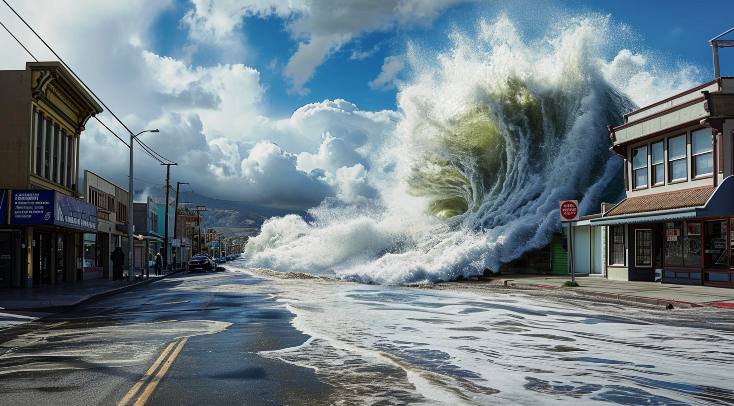 Massive wave crashing on California street