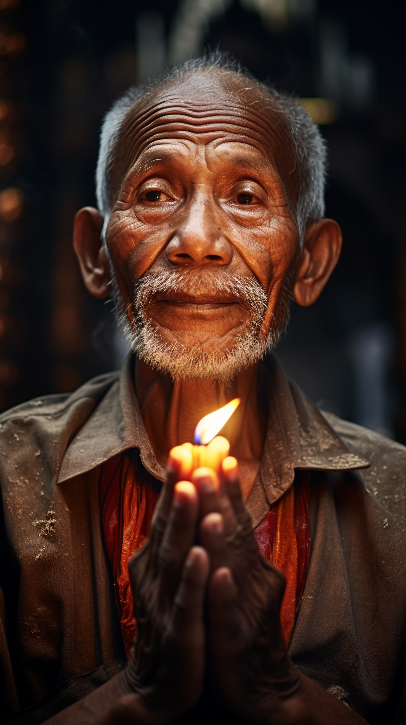 Elderly man praying at Cambodian temple