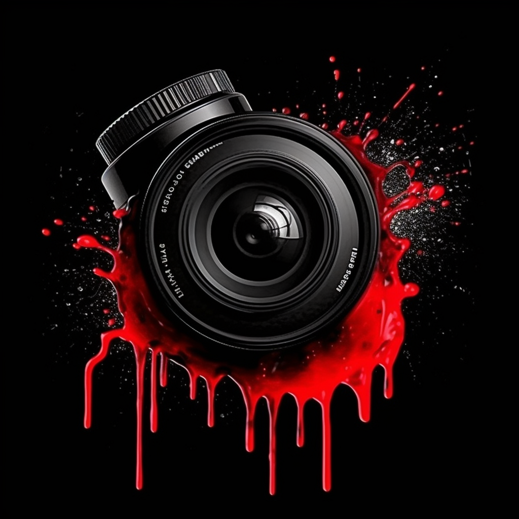 Red spray paint dripping on camera lens logo