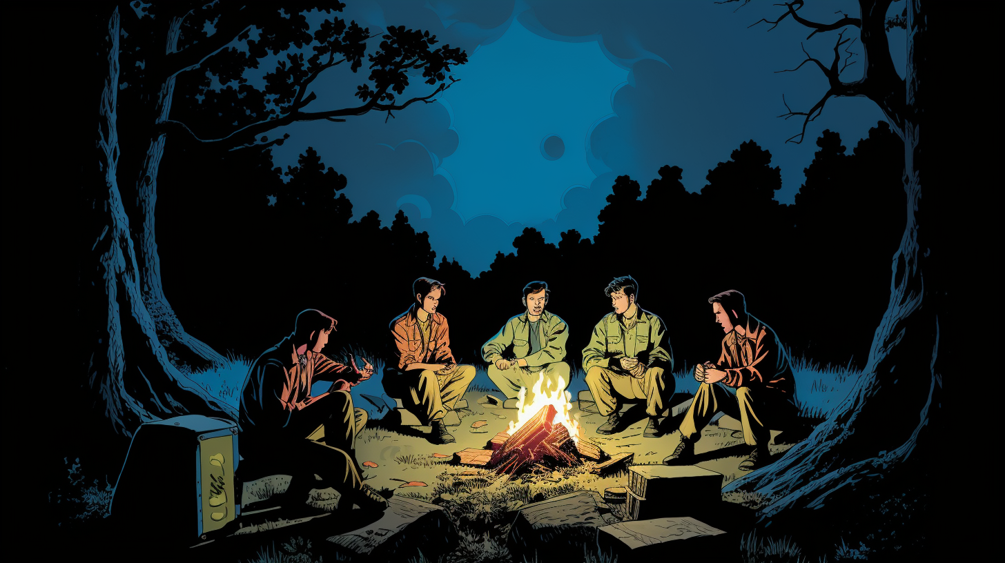 Group enjoying campfire stories at night