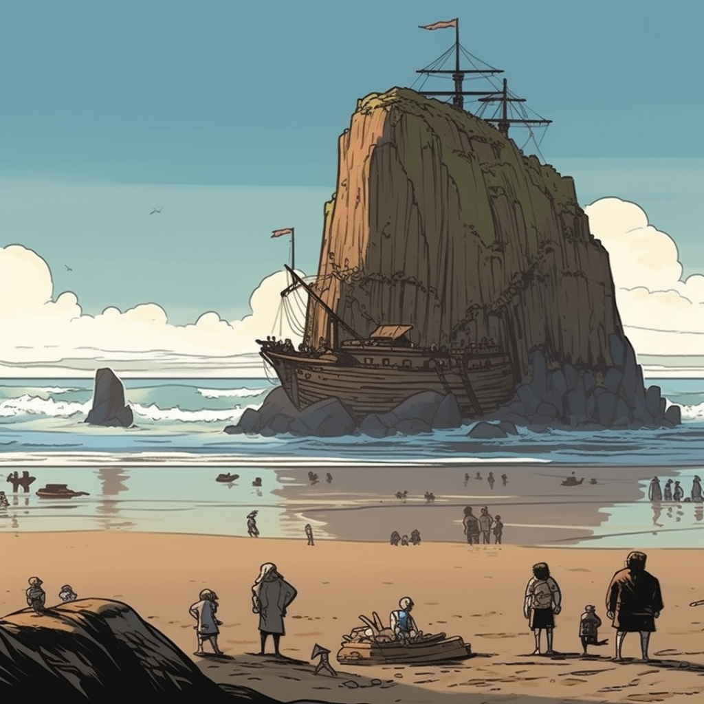 Animated cartoony image of Canon Beach with The Goonies