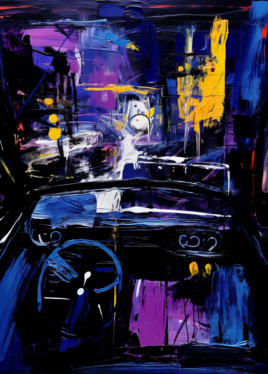 Moody rainy car dashboard painting