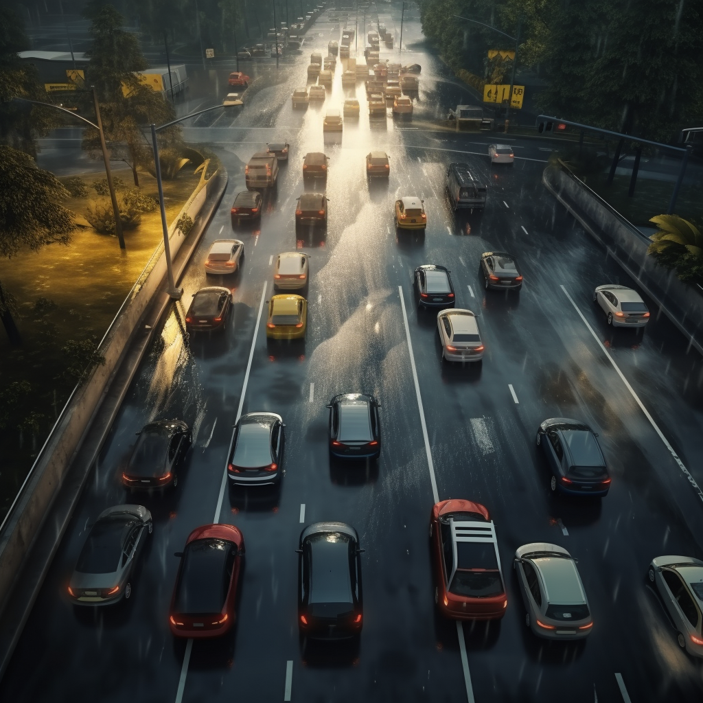 Car speeding and changing lanes in extreme traffic