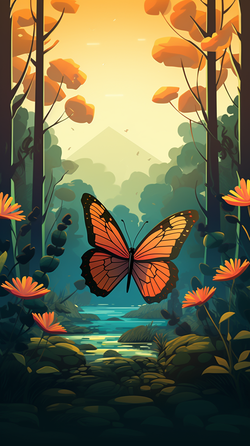 Cartoon butterfly on flower in forest