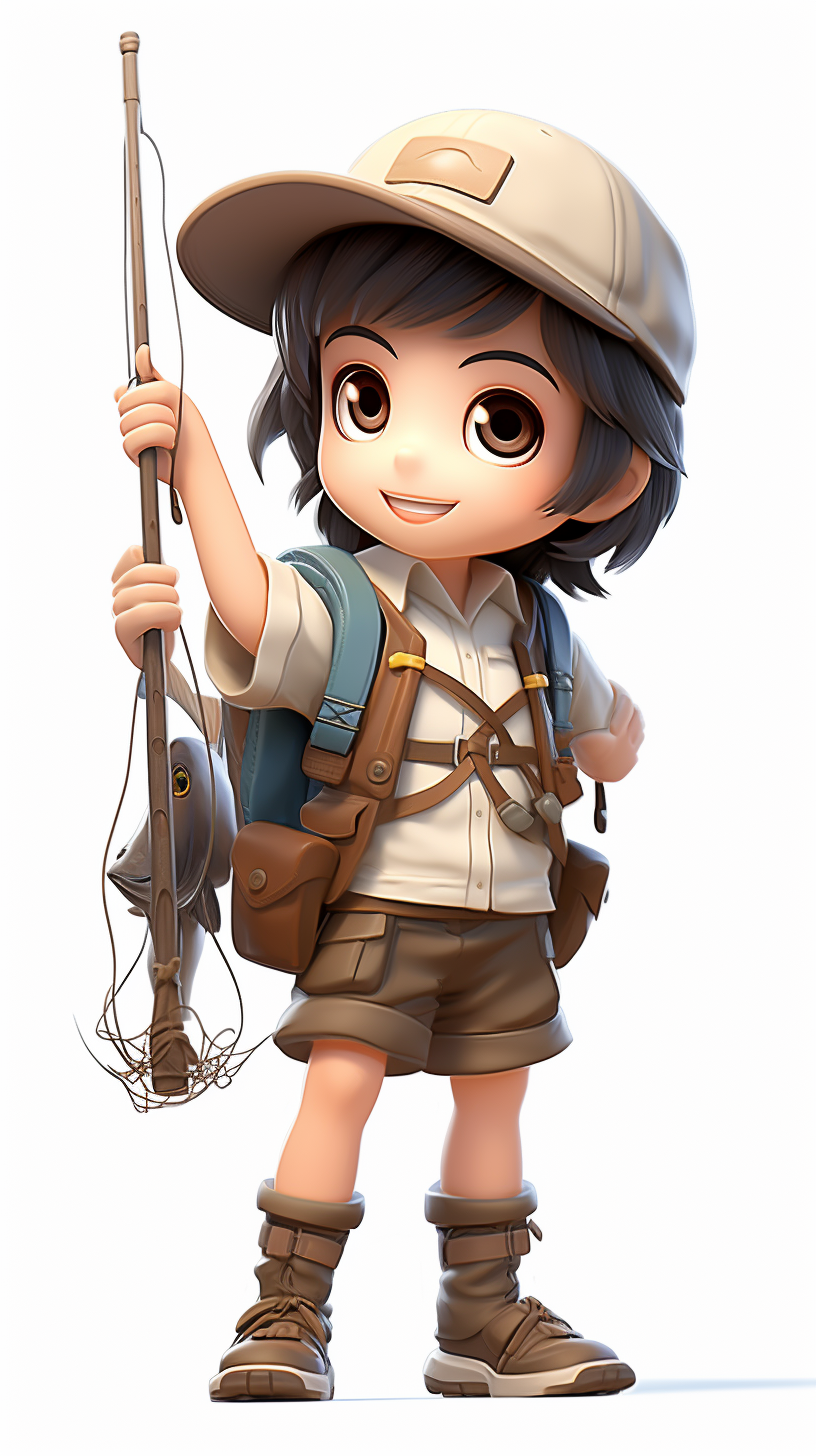 Cute cartoon fisherman boy holding fishing gear