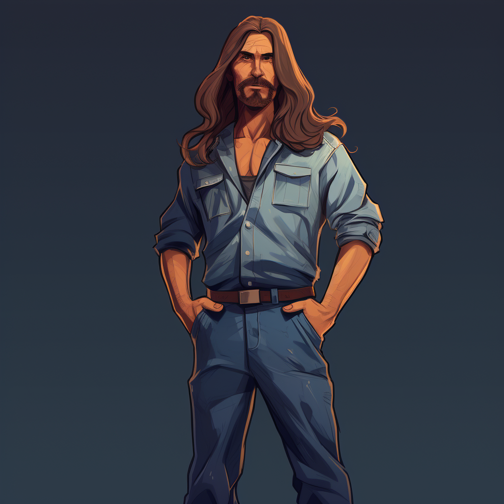 Cartoon man with long hair in denim jumpsuit