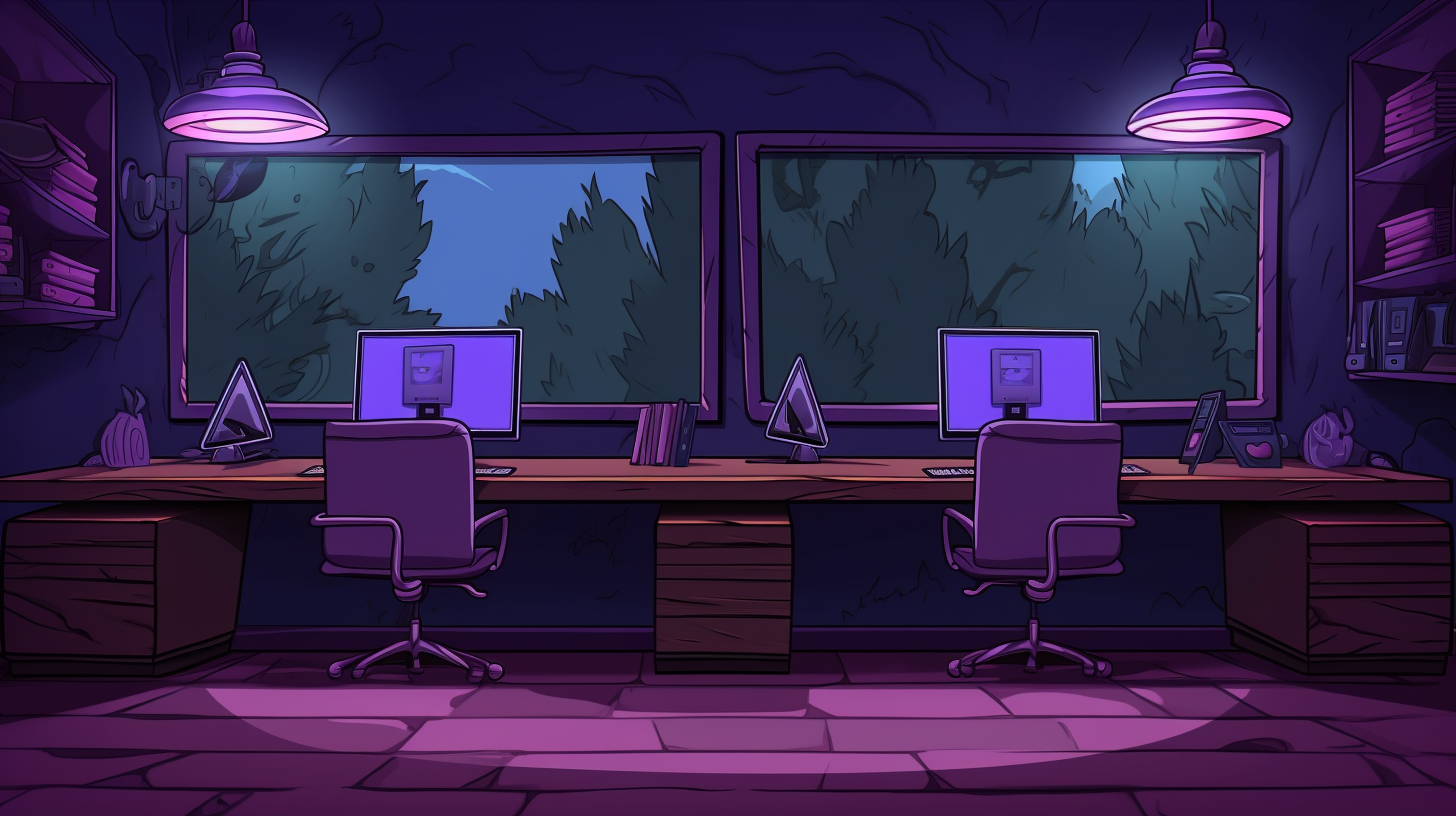 Cartoon purple background with small desks