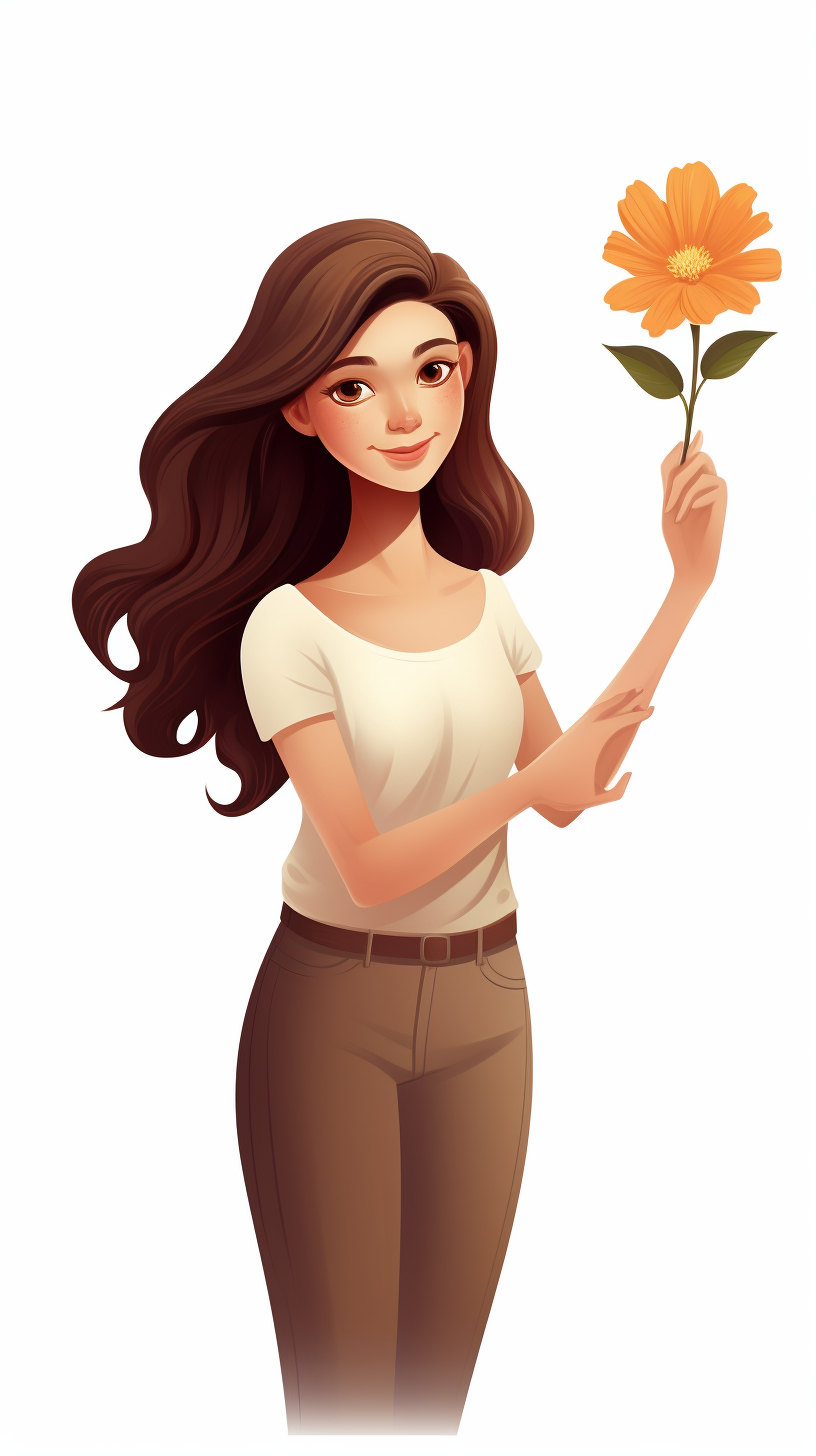 Cartoon woman holding a flower with open arms