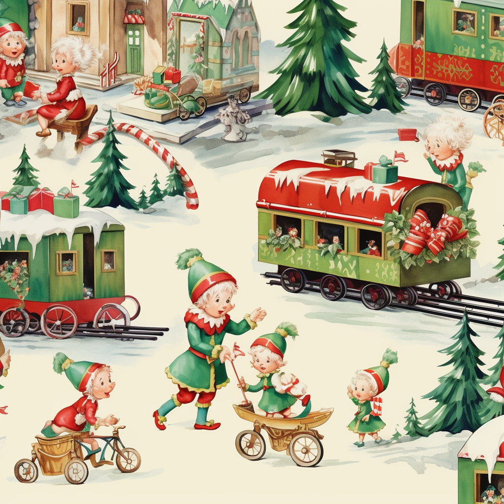 Joyful Christmas Elves with Toy Train