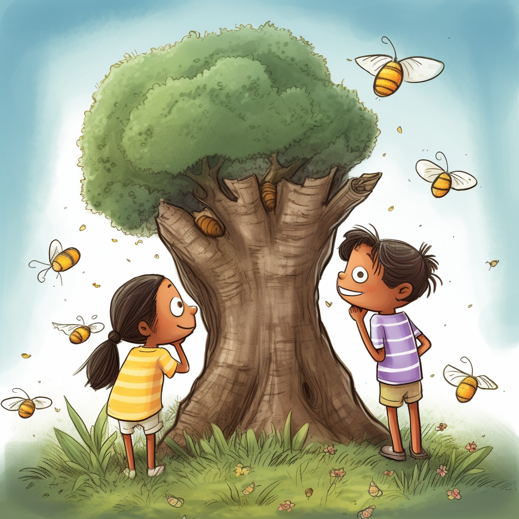 Children captivated by tree-top bee hive