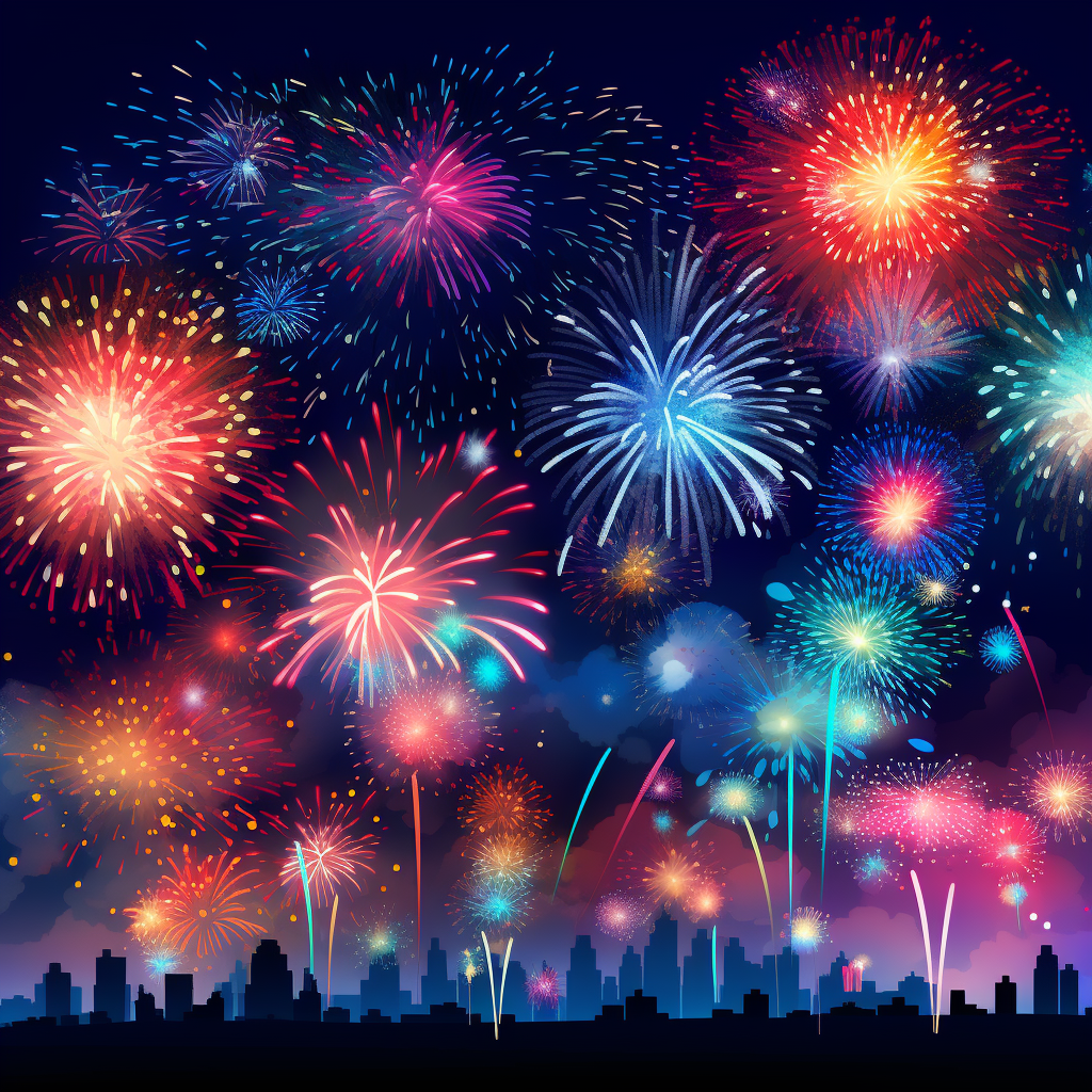 Realistic cartoon fireworks on background