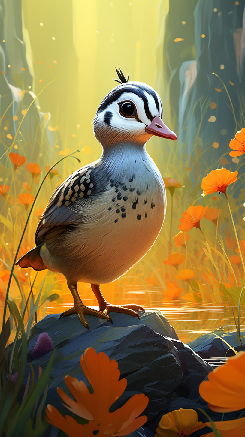 Adorable cartoon quail in nature scene