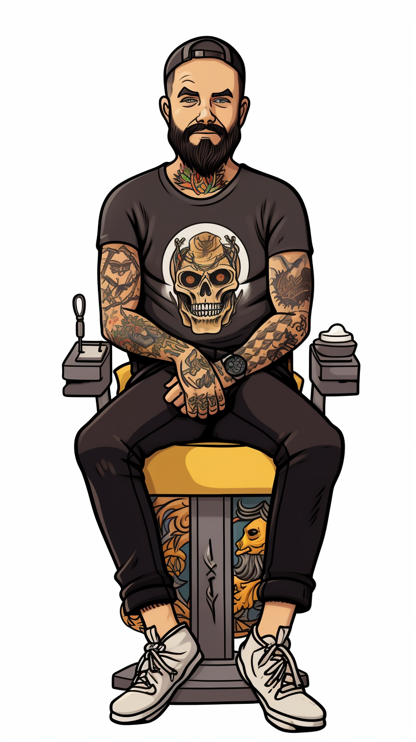 Cartoon tattoo artist sitting on golden emperor chair