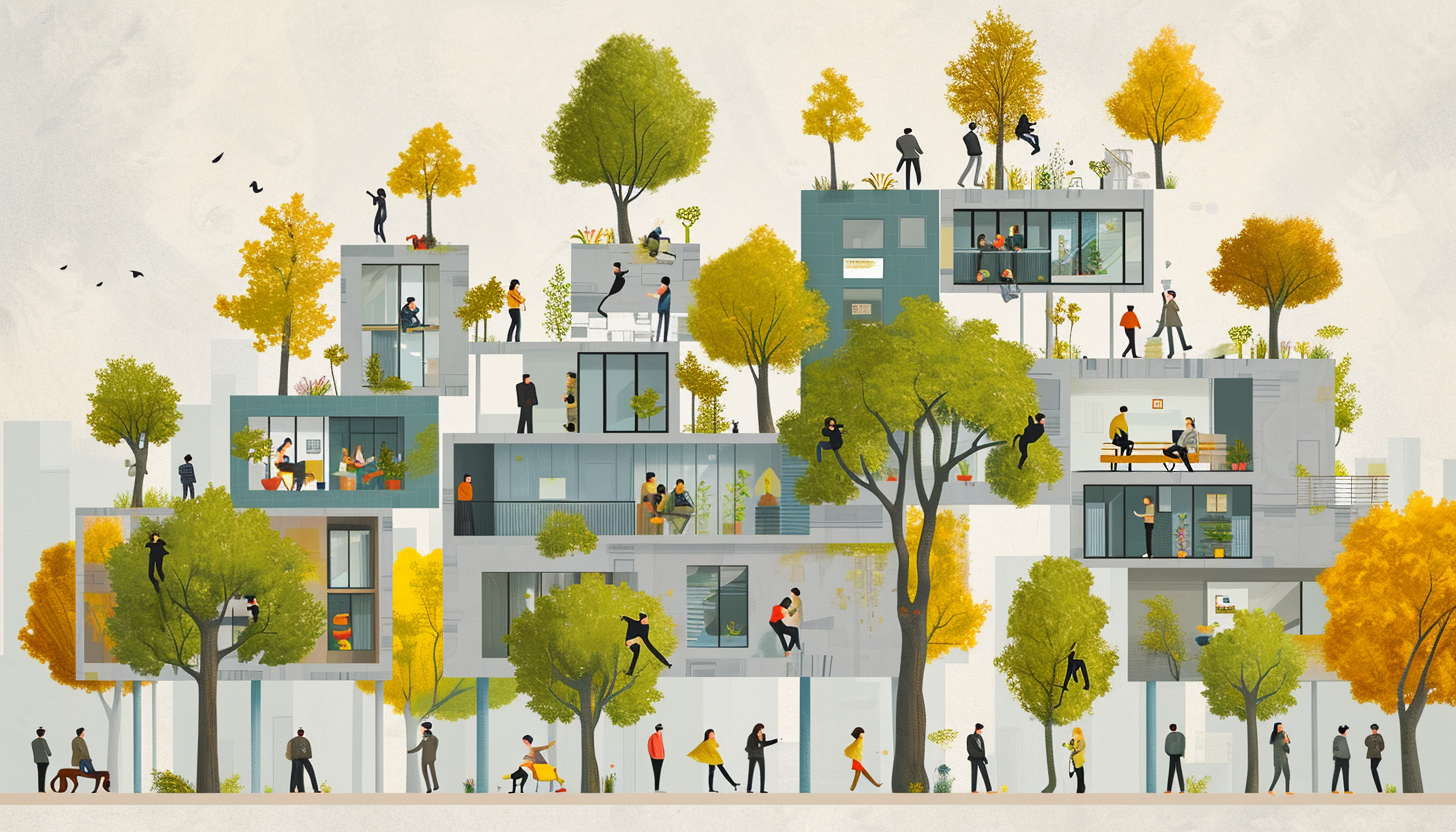 Cartoon trees people buildings realist