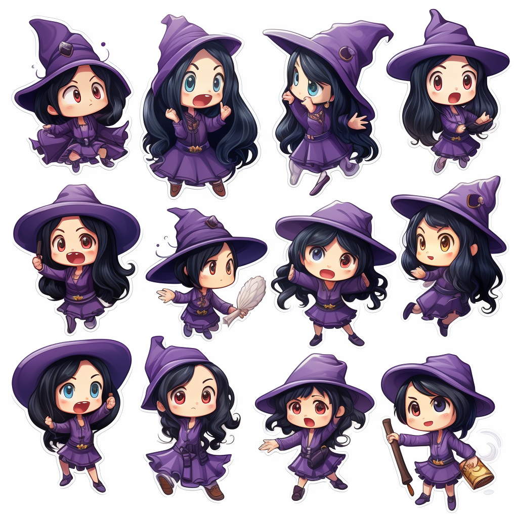 Cartoon witch with various expressions